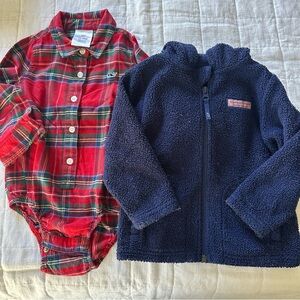 Vineyard Vines Red Plaid Onesie and Navy Fleece Jacket